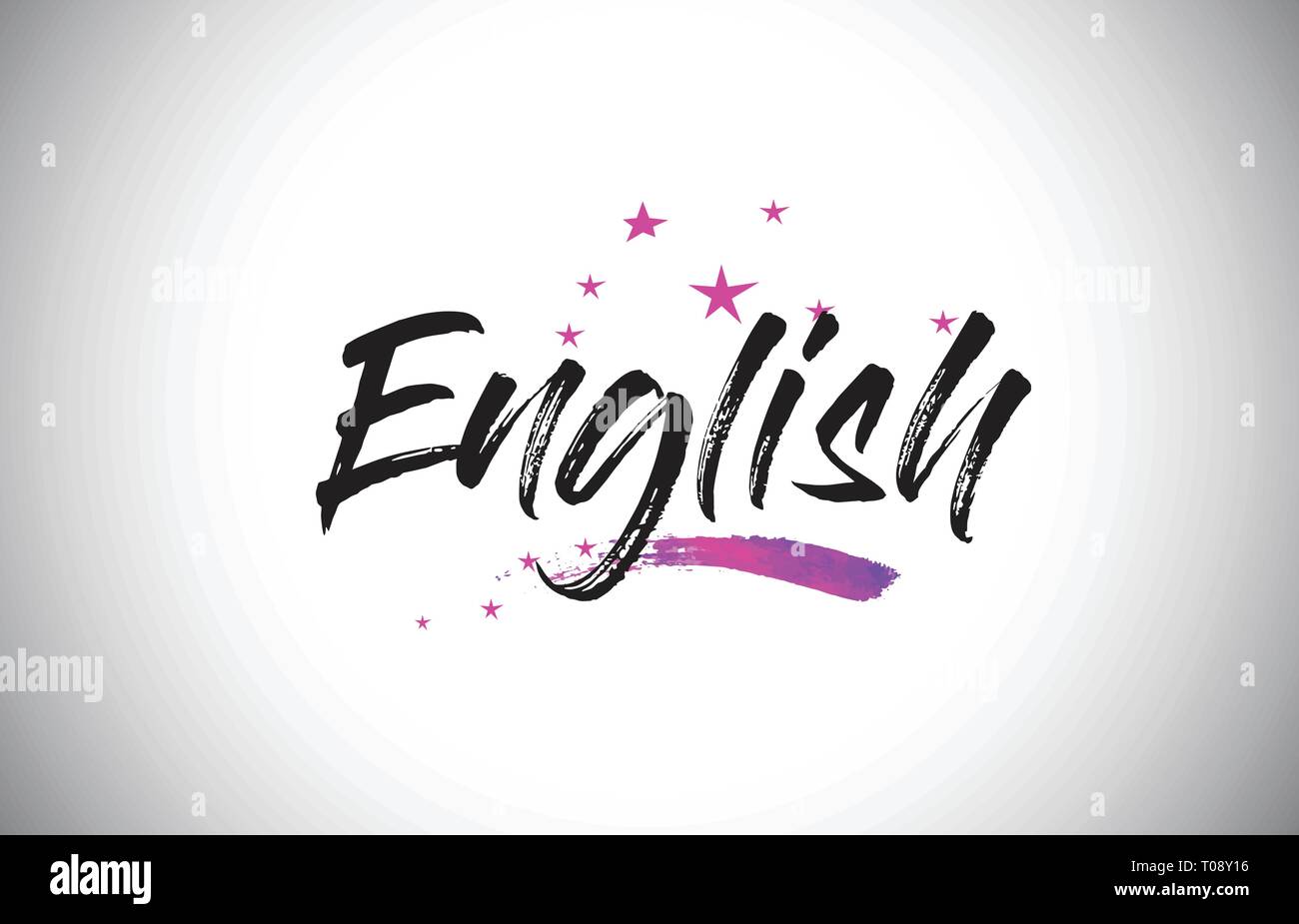 English Handwritten Word Font with Vibrant Violet Purple Stars and Confetti Illustration Stock