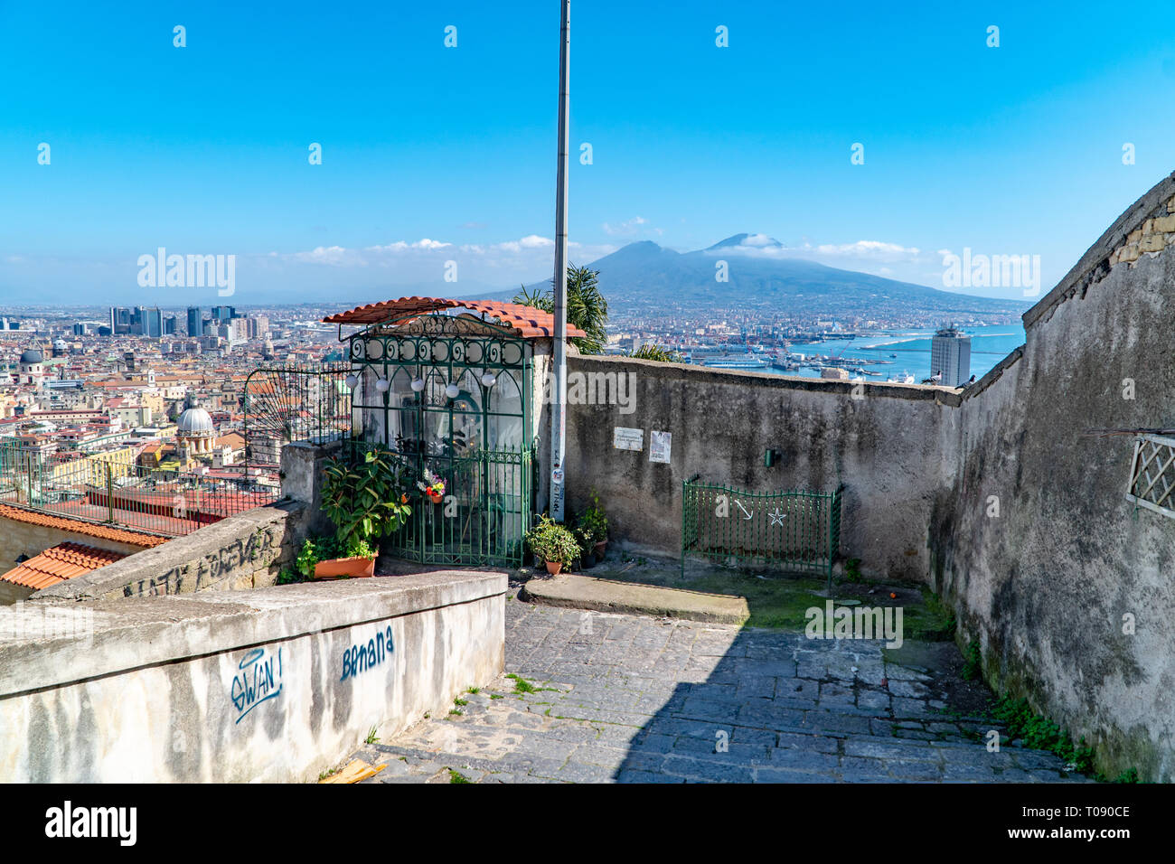 view over Vesuvio from the stairs of Pedamentina, Vomero, down from San Martino to Montesanto Stock Photo
