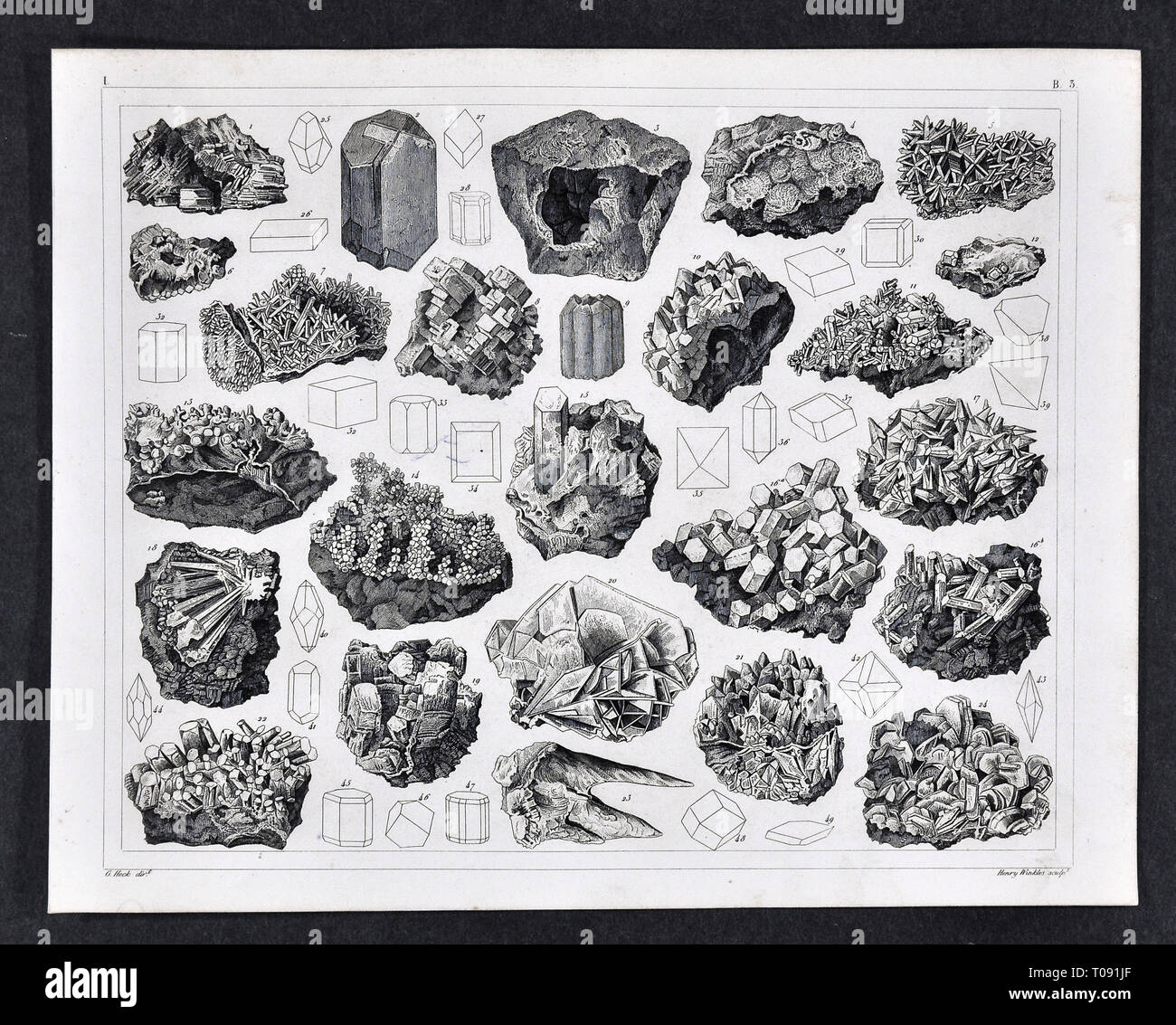 1849 Bilder Geological Print of Rocks and Minerals showing various Crystal System Formations Stock Photo