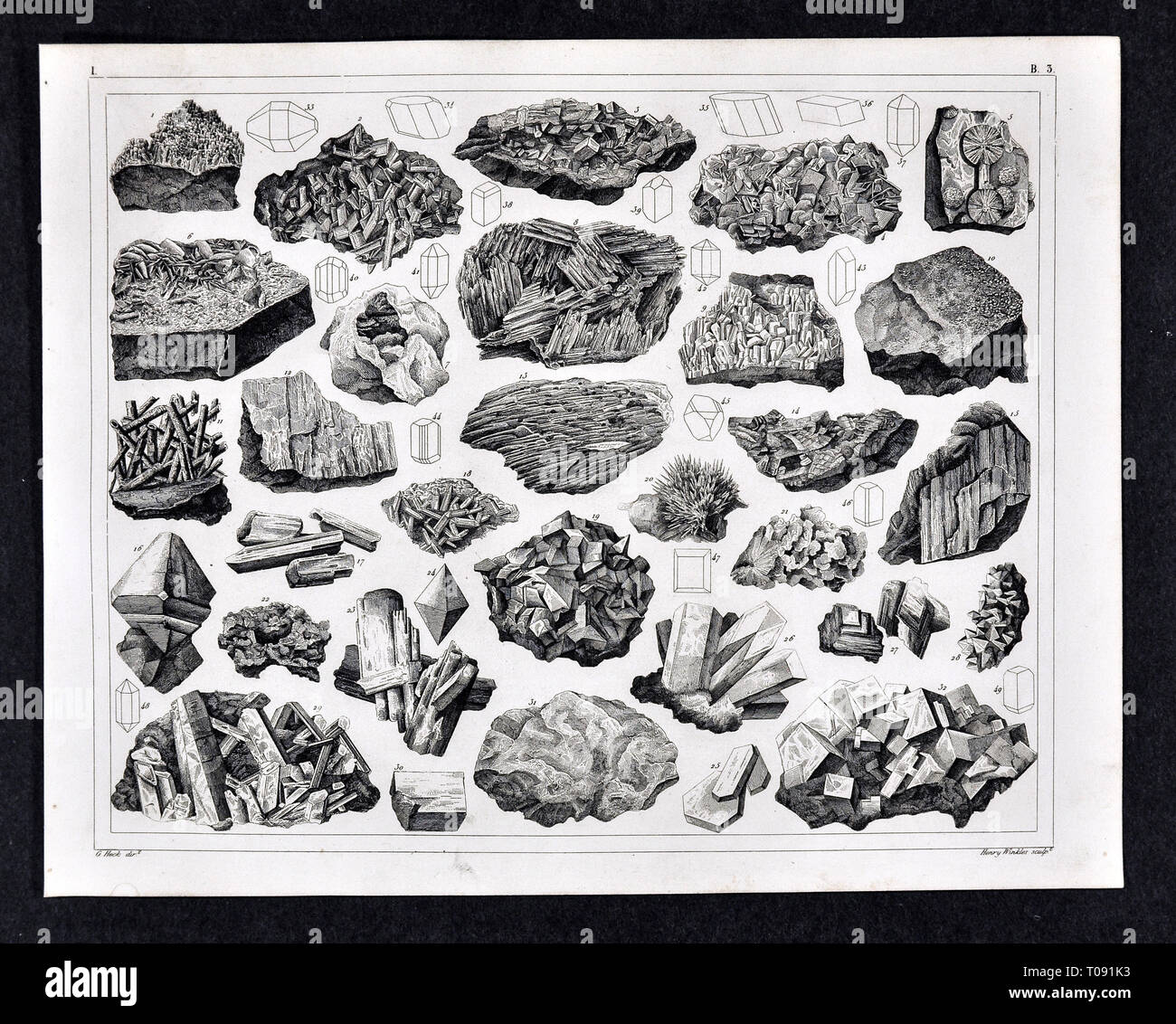 1849 Bilder Geological Print of Rocks and Minerals showing various Crystal Formations Stock Photo