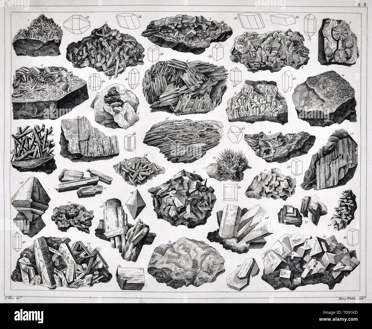 1849 Bilder Geological Print of Rocks and Minerals showing various Crystal Formations Stock Photo