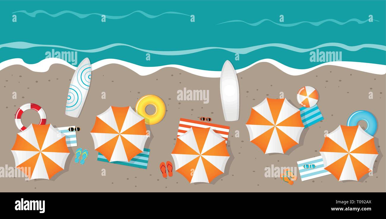 tourist beach with umbrellas sunglasses and surfboards vector illustration EPS10 Stock Vector