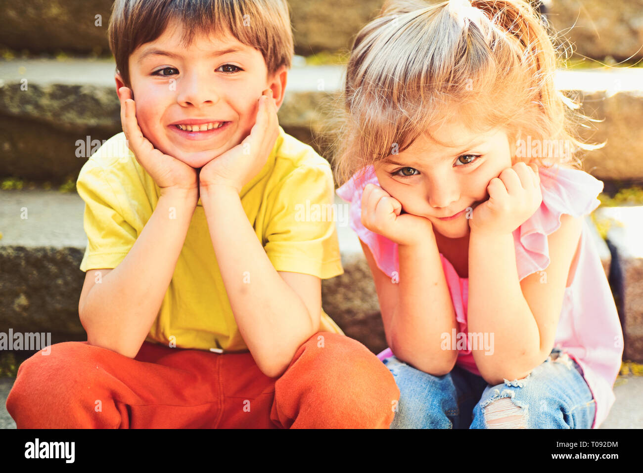 Best Friends Friendship And Family Childhood First Love Small Girl And Boy On Stairs Relations Summer Holiday And Vacation Couple Of Little Stock Photo Alamy