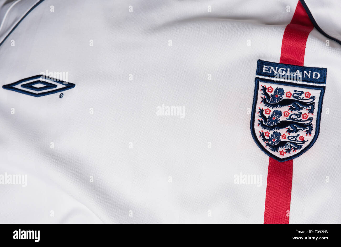 Close up of replica England kit for the FIFA 2002 World Cup in Japan and South Korea. Stock Photo