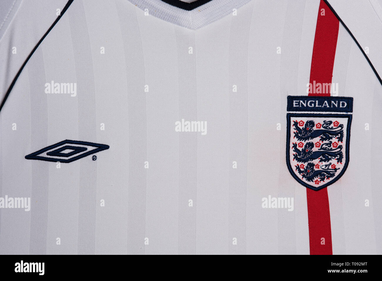 Close up of replica England kit for the FIFA 2002 World Cup in Japan and South Korea. Stock Photo