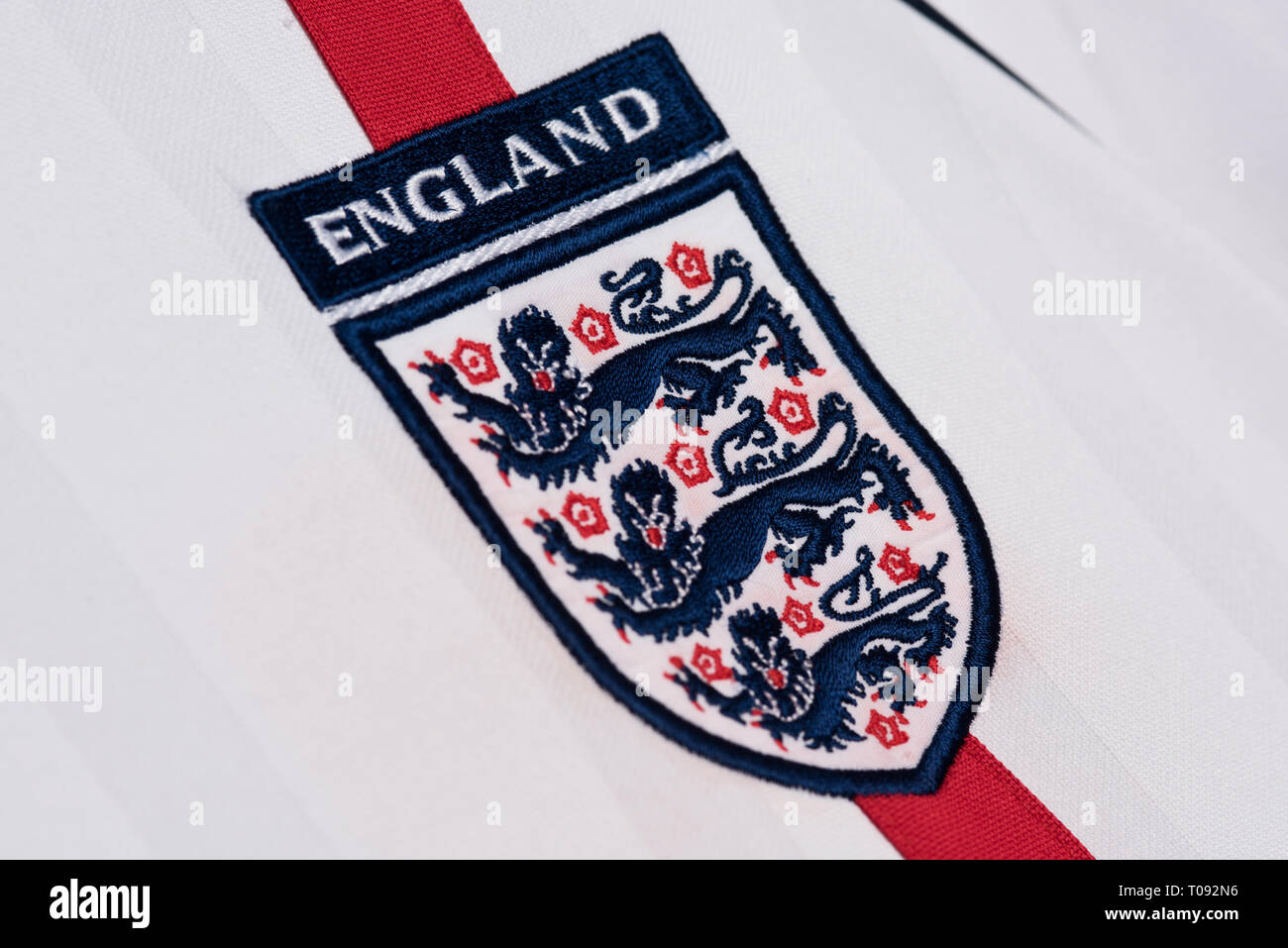 Close up of replica England kit for the FIFA 2002 World Cup in Japan and South Korea. Stock Photo