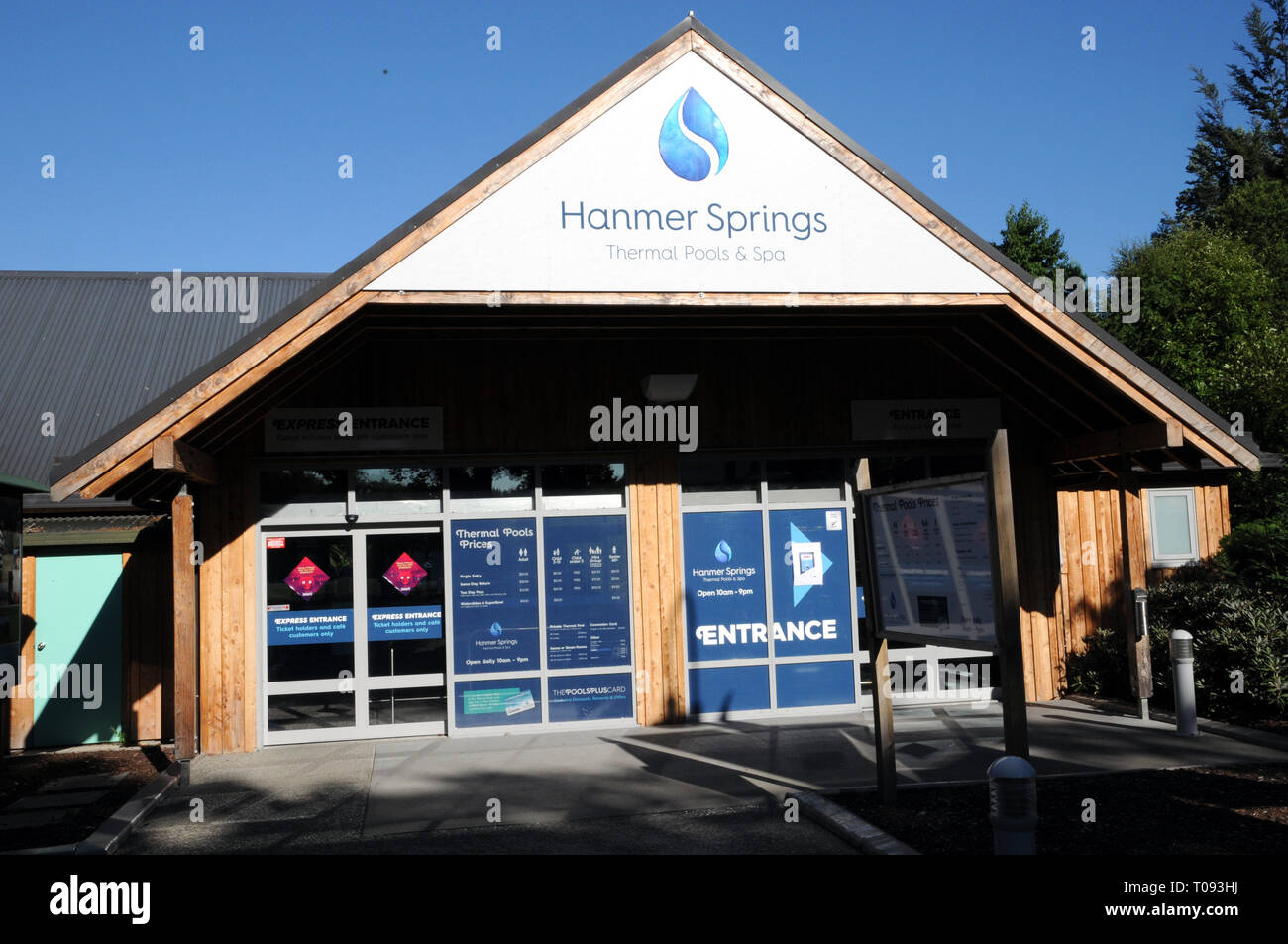 Entrance Hanmer Springs thermal pools and spa. Hanmer Springs is a resort town in the Canterbury region of New Zealands South Island. Stock Photo