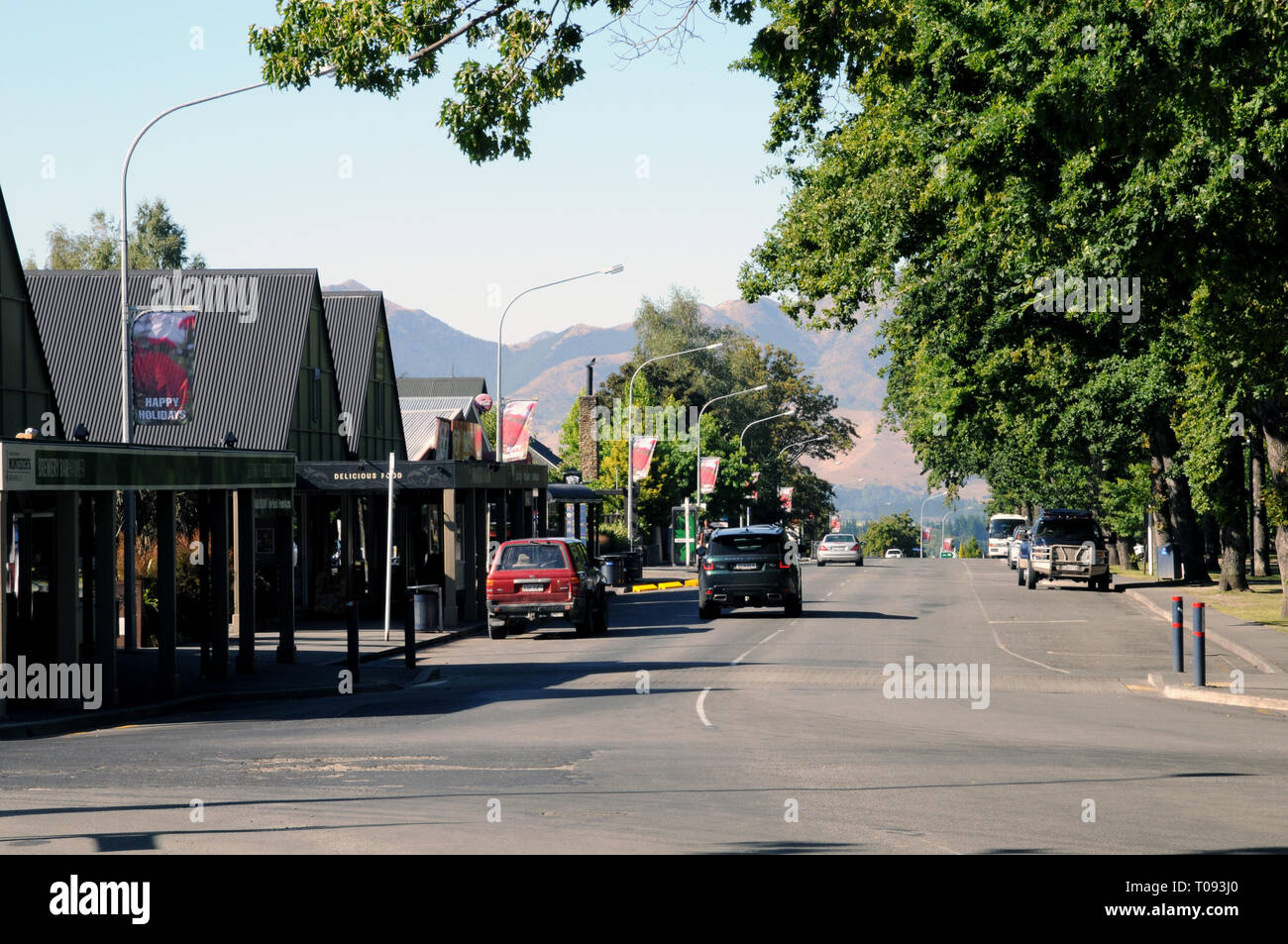 The  main street in Hamner Springs on New Zealands South Island. The town is famous for its hot springs. It also has many other outdoor attractions. Stock Photo