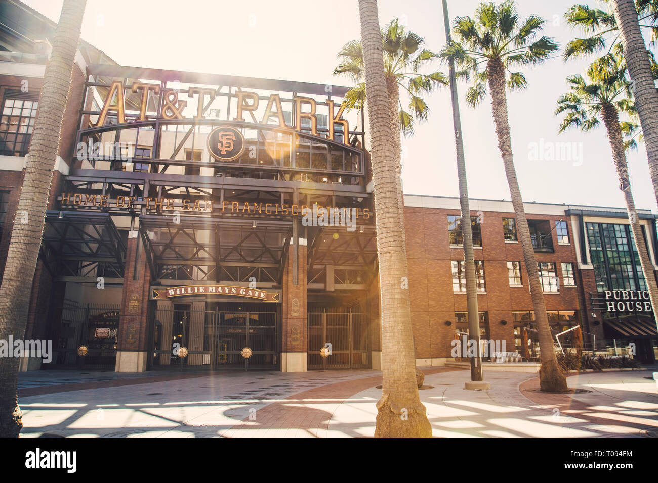 Panorama view of historic AT&T Park baseball park, home of the San Francisco Giants professional baseball franchise, on a beautiful sunny day with blu Stock Photo