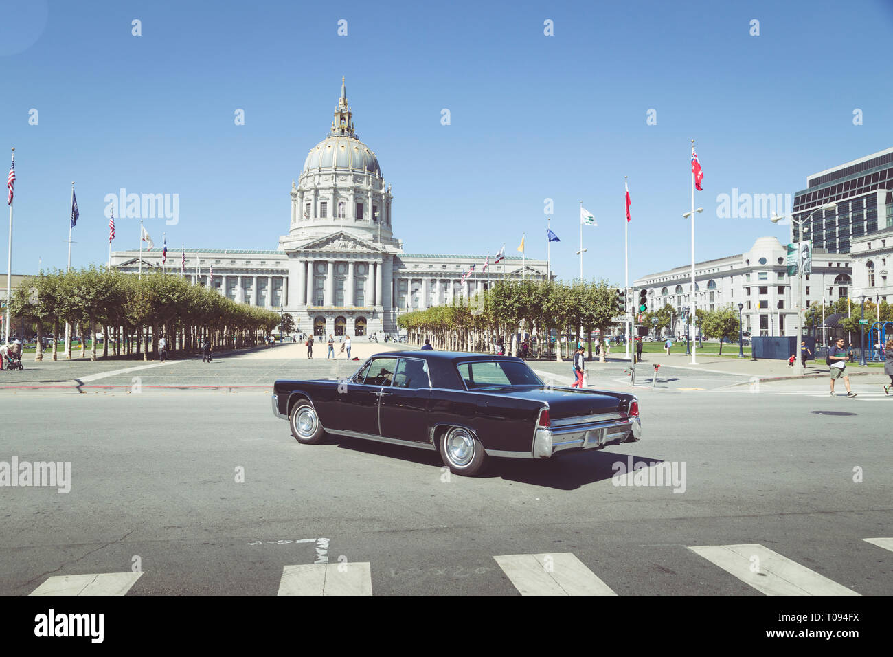 Historic San Francisco City Hall with vintage car on a beautiful sunny day with blue sky in summer, San Francisco, USA Stock Photo
