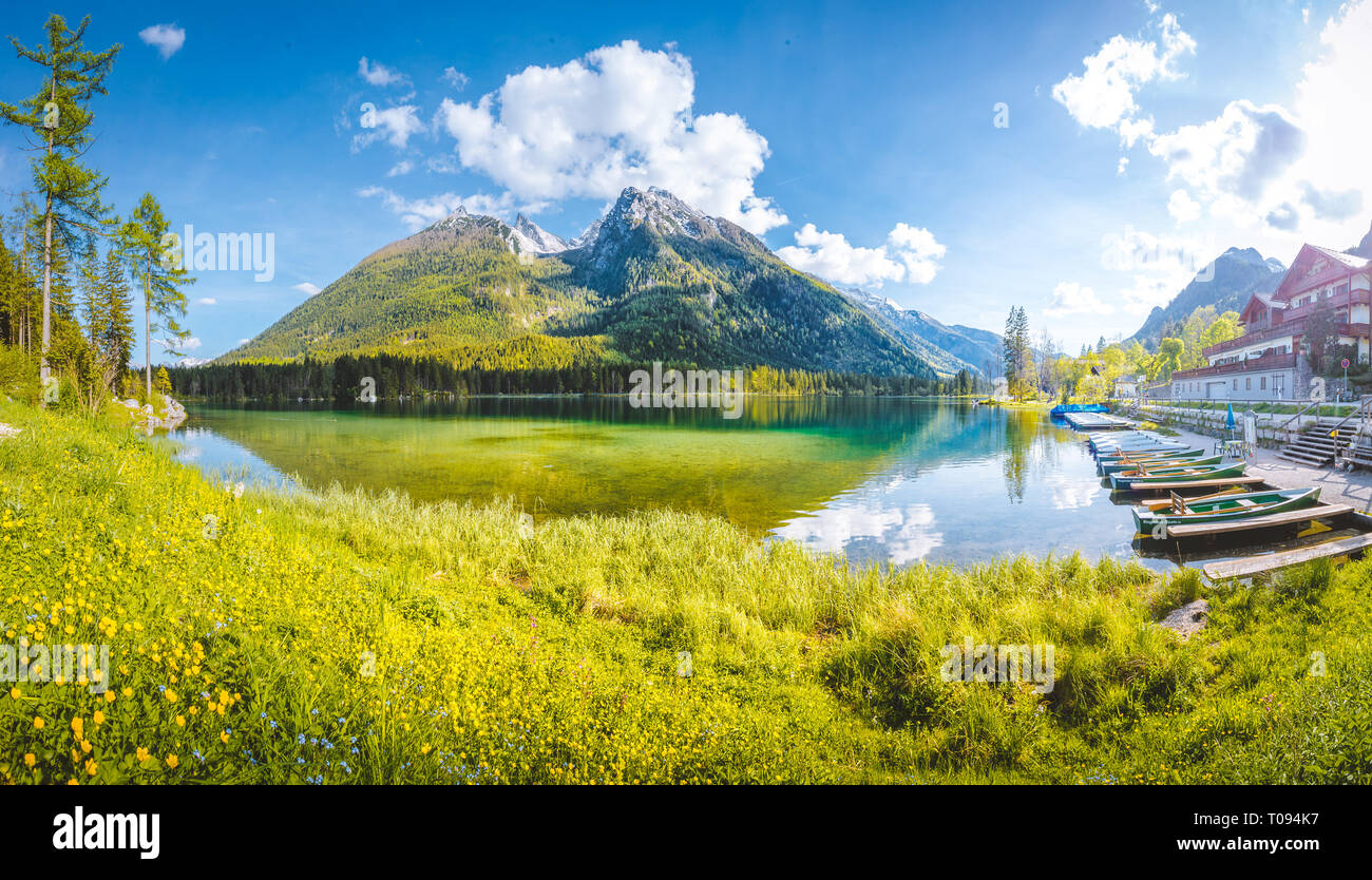 Beautiful view of scenic Lake Hintersee on a beautiful sunny day with blue sky in summer, Bavaria, Germany Stock Photo