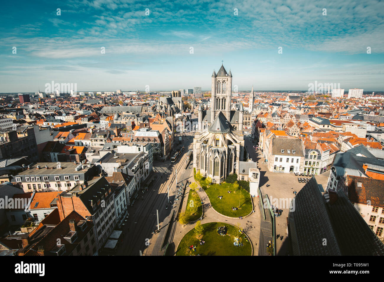 Aerial panoramic view of the historic city of Ghent on a beautiful sunny day with blue sky and clouds in summer, province of East Flanders, Belgium Stock Photo