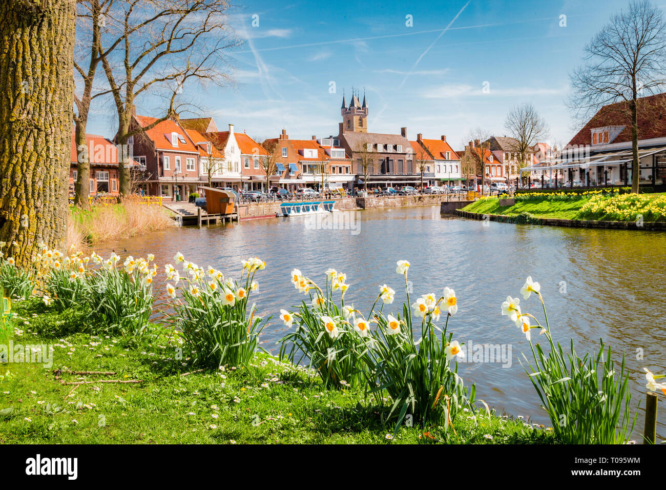 Beautiful view of the historic town of Sluis on a scenic sunny day with blue sky and clouds in spring, Zeelandic Flanders region, Netherlands Stock Photo