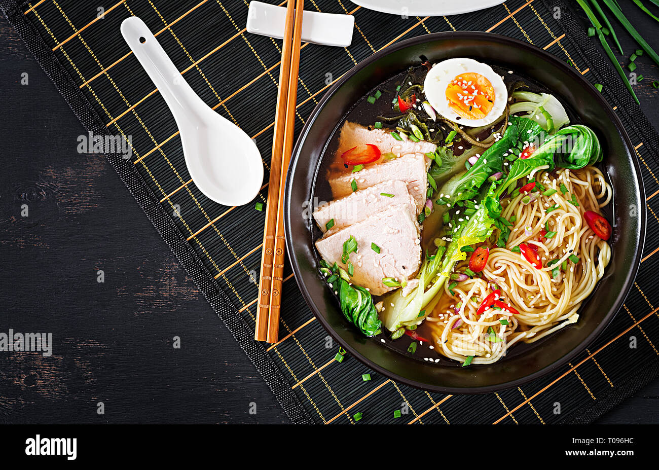 Miso Ramen Asian Noodles With Egg Pork And Pak Choi Cabbage In Bowl On Dark Background Japanese Cuisine Top View Flat Lay Stock Photo Alamy