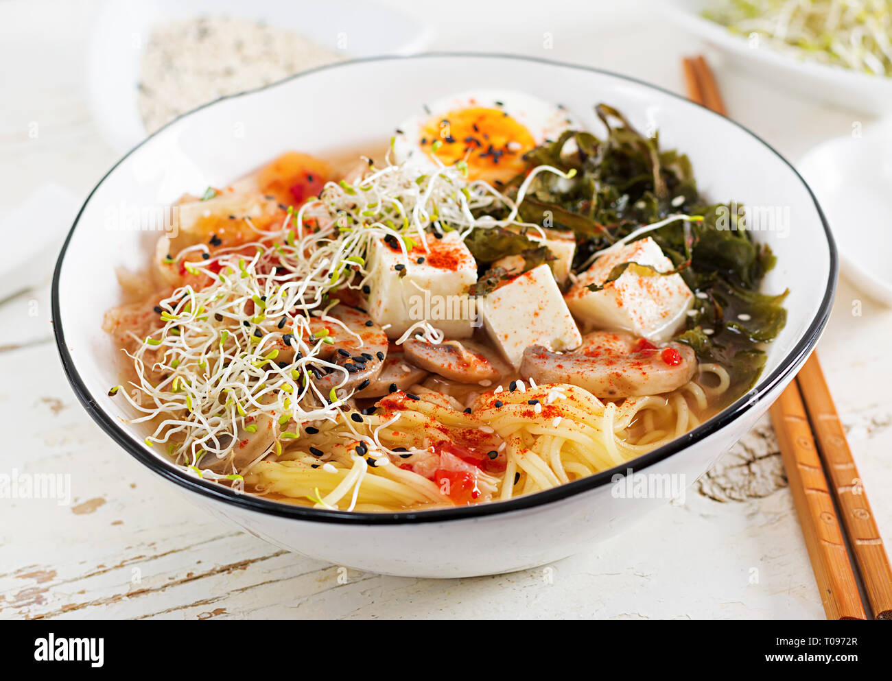 Miso Ramen Asian noodles with cabbage kimchi, seaweed, egg, mushrooms