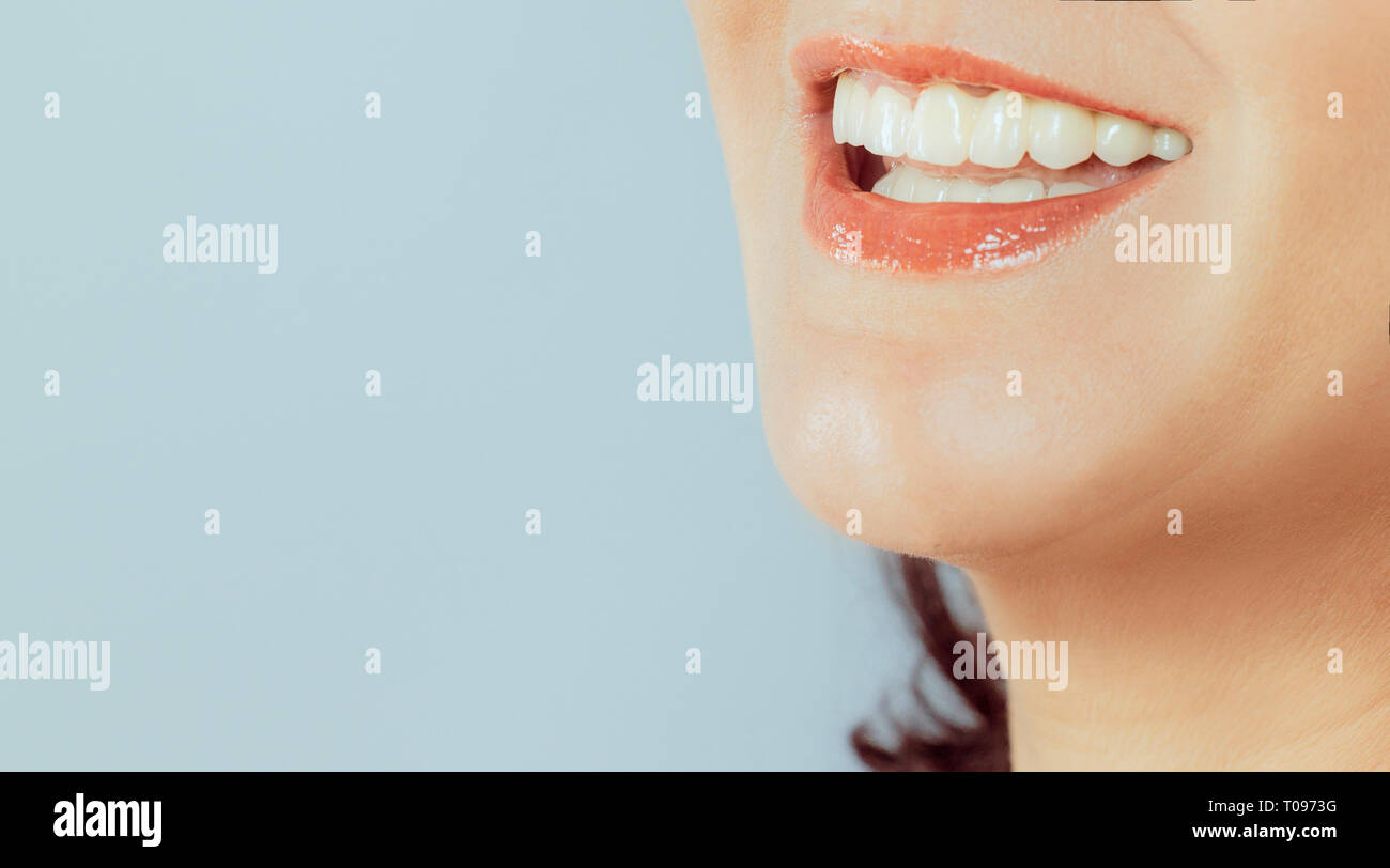 macro detail shot of human lips and smile Stock Photo