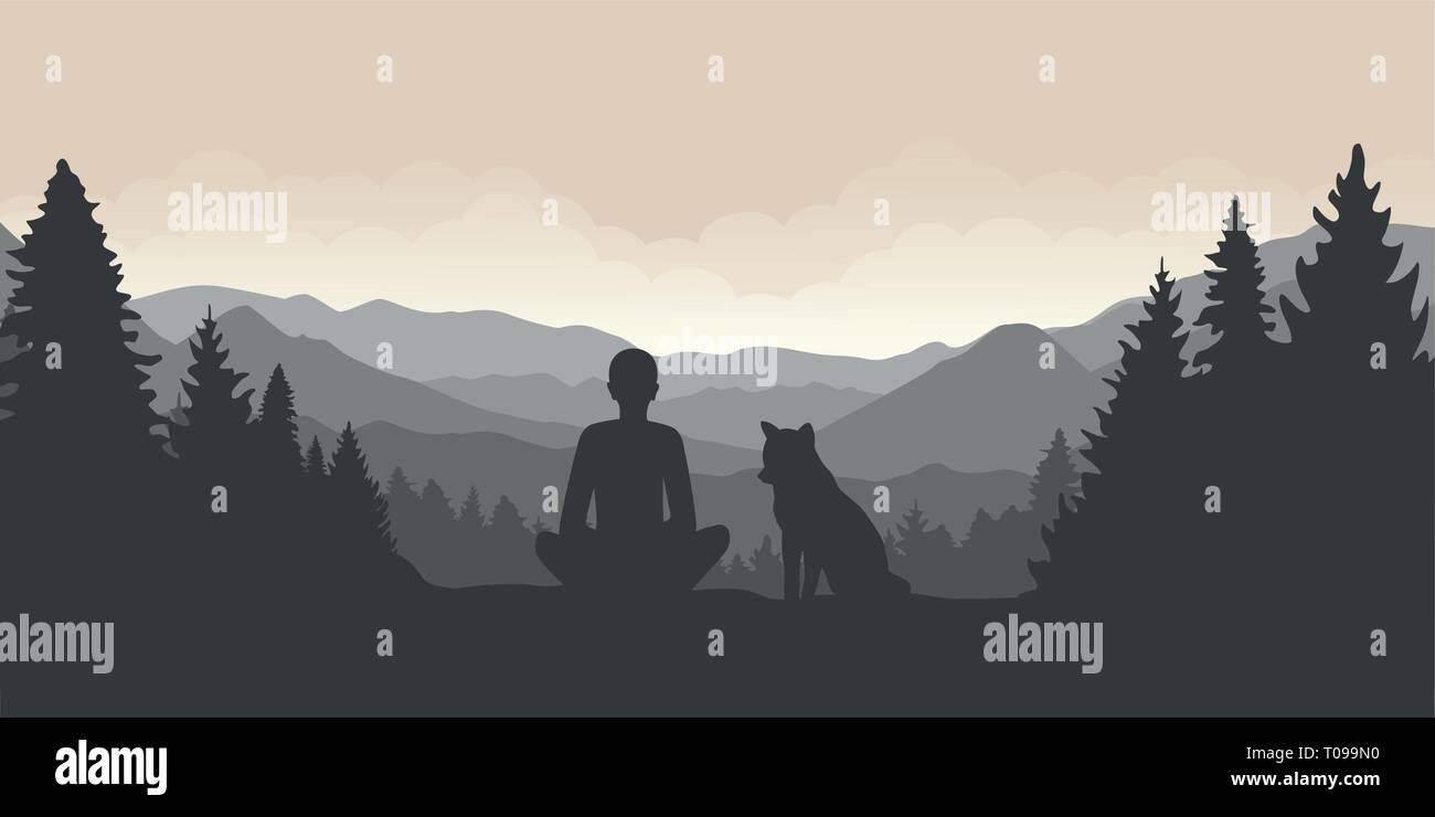 man and his dog are looking into the distance on a mountain and forest landscape vector illustration EPS10 Stock Vector