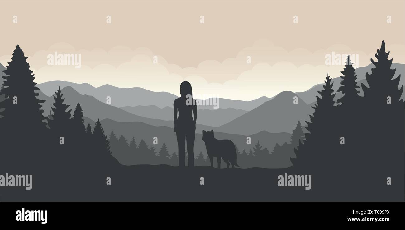 girl and her dog are looking into the distance on a mountain and forest landscape vector illustration EPS10 Stock Vector