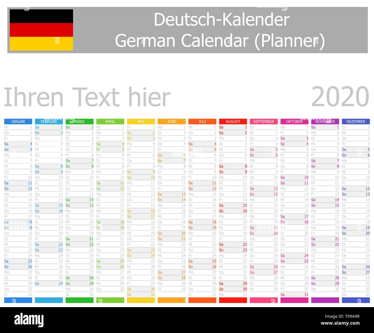 2020 German Planner Calendar with Vertical Months on white background