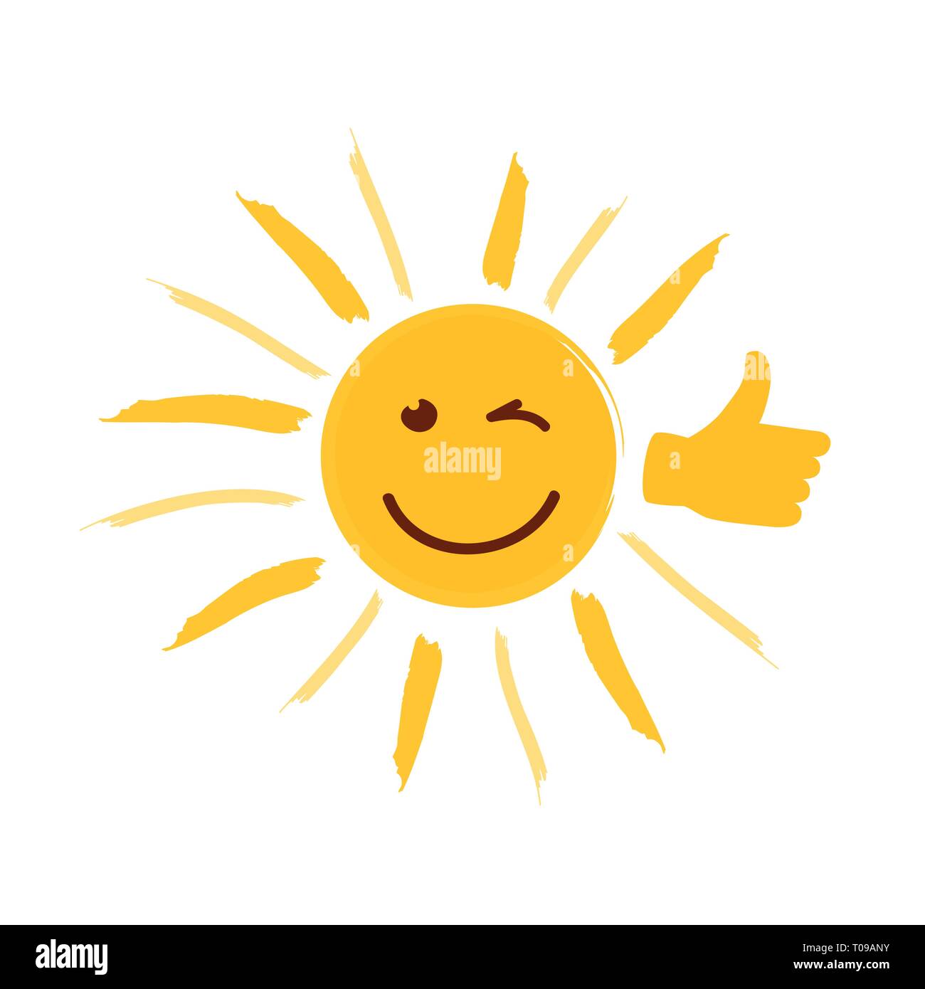 smiling yellow sun with thumb up and happy face vector illustration EPS10 Stock Vector