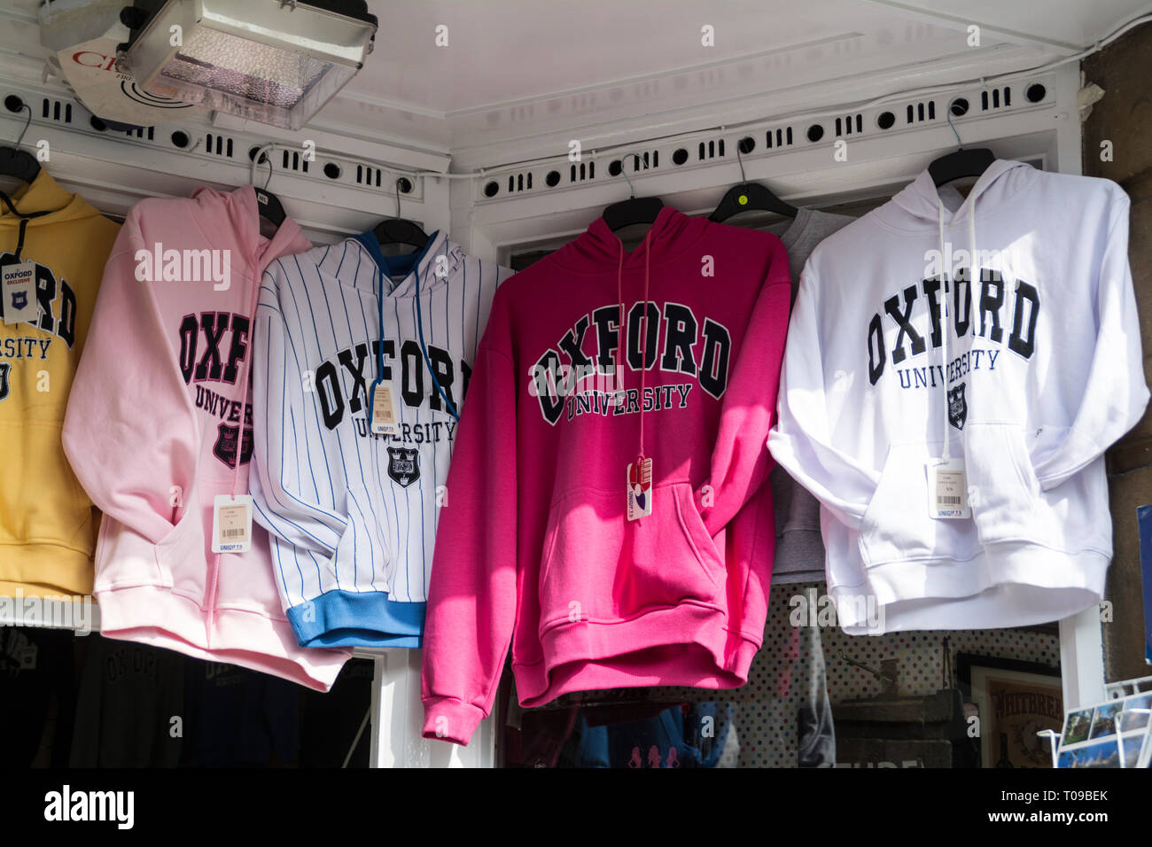 Seaters of Oxford University on sale in one of the many clothes stores in Oxford, Oxfordshire, Britain Stock Photo