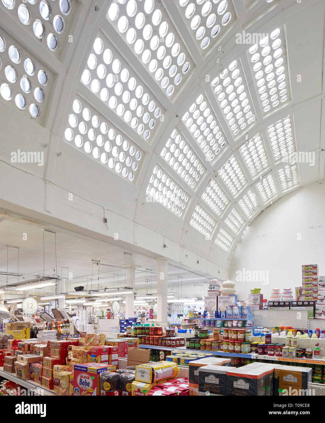 Re-exposed Art Deco ceiling. Khan's Department Store Peckham, London, United Kingdom. Architect: Benedict OLooney Arch, 1935. Stock Photo