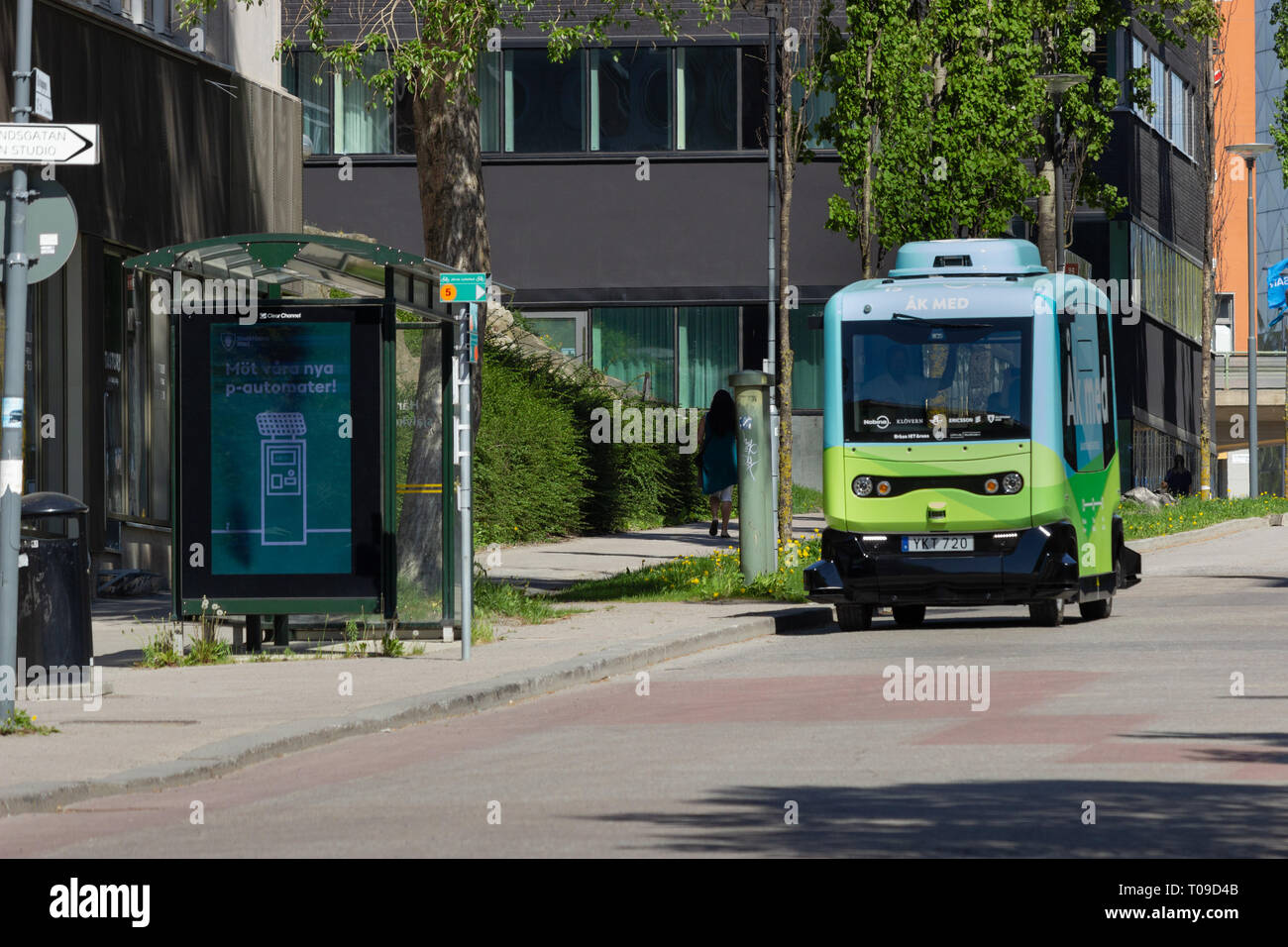 The driverless EZ10 electric powered shuttle, an autonomous electric powered vehicle equiped with computer vision (a human driver can be seen',Sweden. Stock Photo