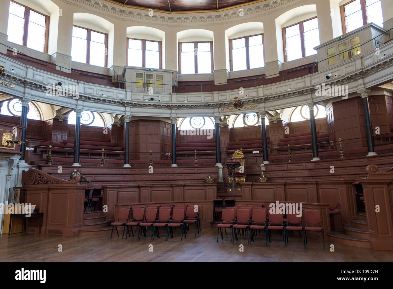 Main hall inside  the Sheldonian Theatre in Oxford, Oxfordshire, Britain.  The theatre is the official ceremonial hall of the University of Oxford.inc Stock Photo