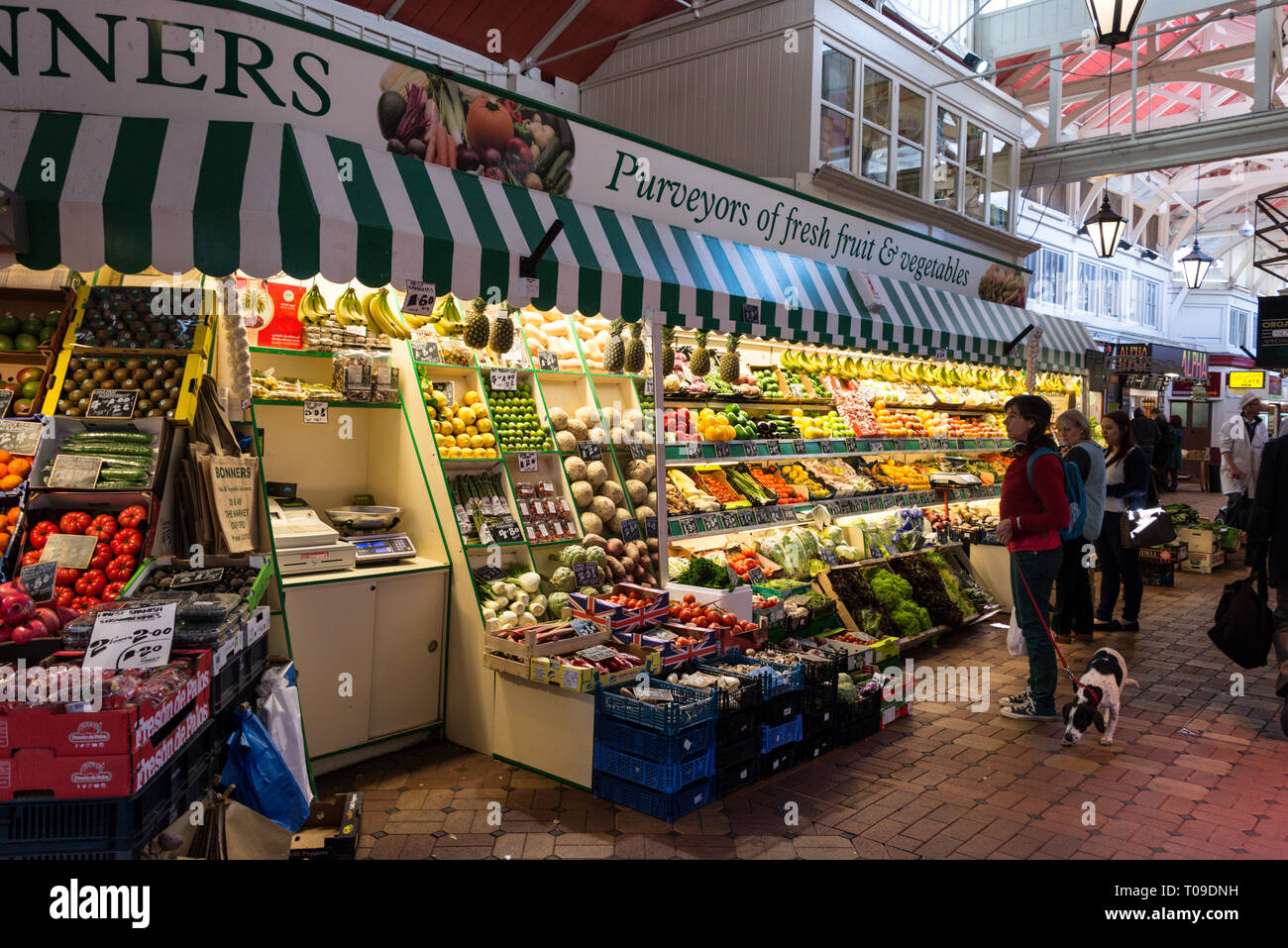 A fresh fruit & Vegetable stall at the undercover Golden Cross in Oxford, Oxfordshire,Britain Stock Photo