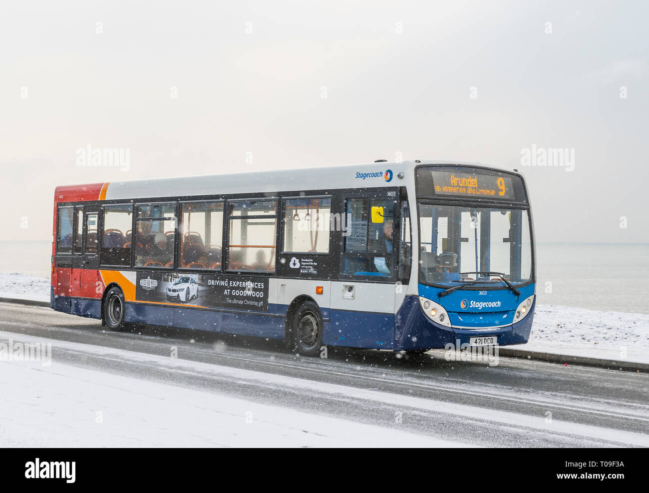 Public transport Stagecoach bus on an icy snow covered road while it's snowing in West Sussex, England, UK. Stock Photo