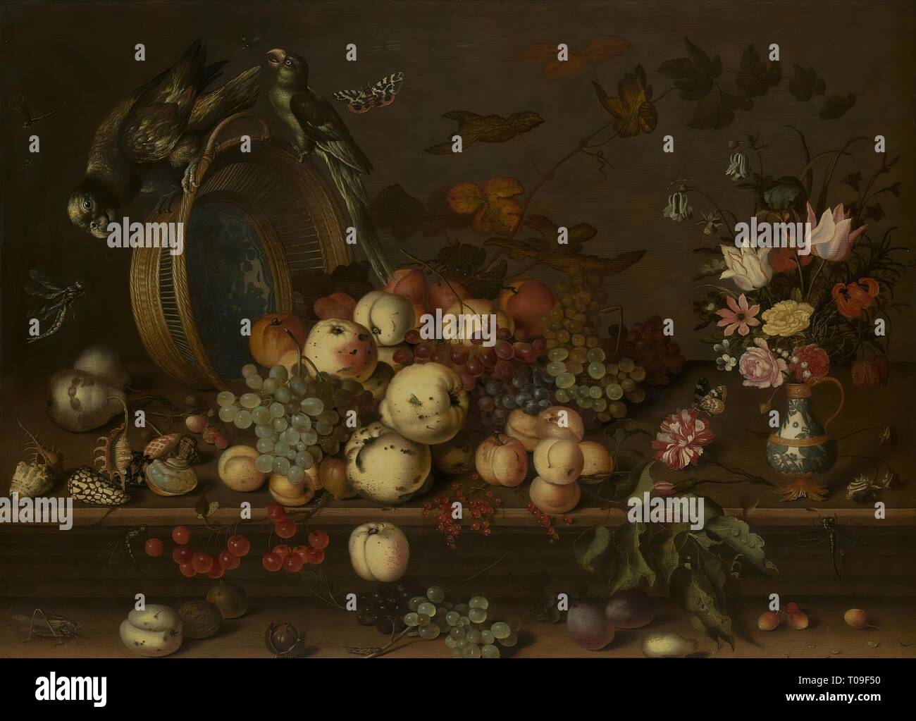 'Still Life with Fruit, Overturned Basket and Bouquet of Flowers in a Vase'. Holland, Circa 1625. Dimensions: 75x104 cm. Museum: State Hermitage, St. Petersburg. Author: BALTHASAR VAN DER AST . Balthasar van der Ast. Stock Photo
