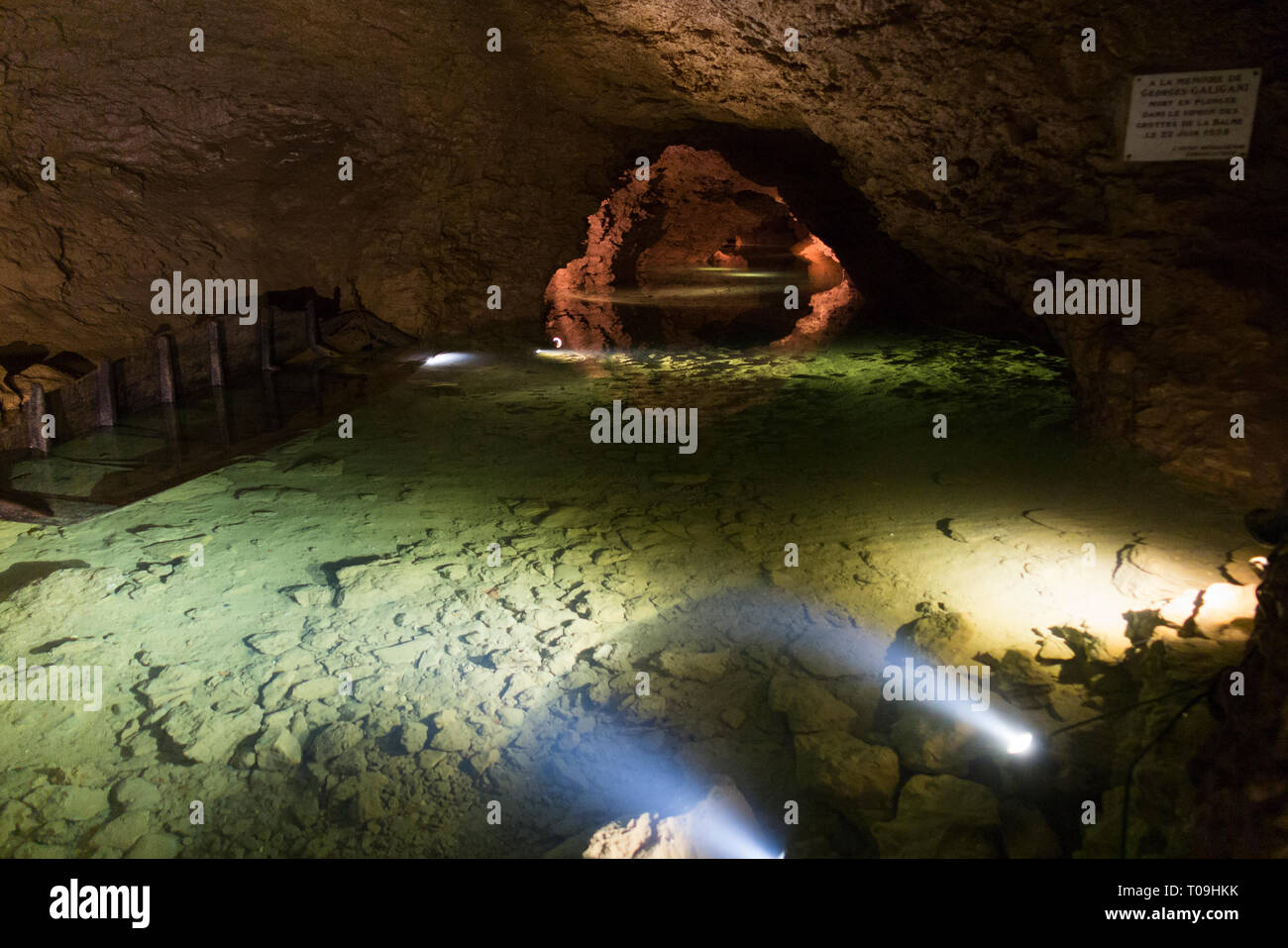 Water system with pool and pond & rock formation / arch / siphon; Caves of  La Balme ( Bat caves ), La Balme-les-Grottes, Isère department, France  Stock Photo - Alamy