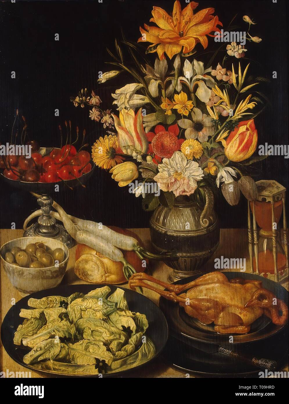'Still Life with Flowers and Snacks'. Germany, Between 1630 and 1635. Dimensions: 52,5x41 cm. Museum: State Hermitage, St. Petersburg. Author: GEORG FLEGEL. Stock Photo
