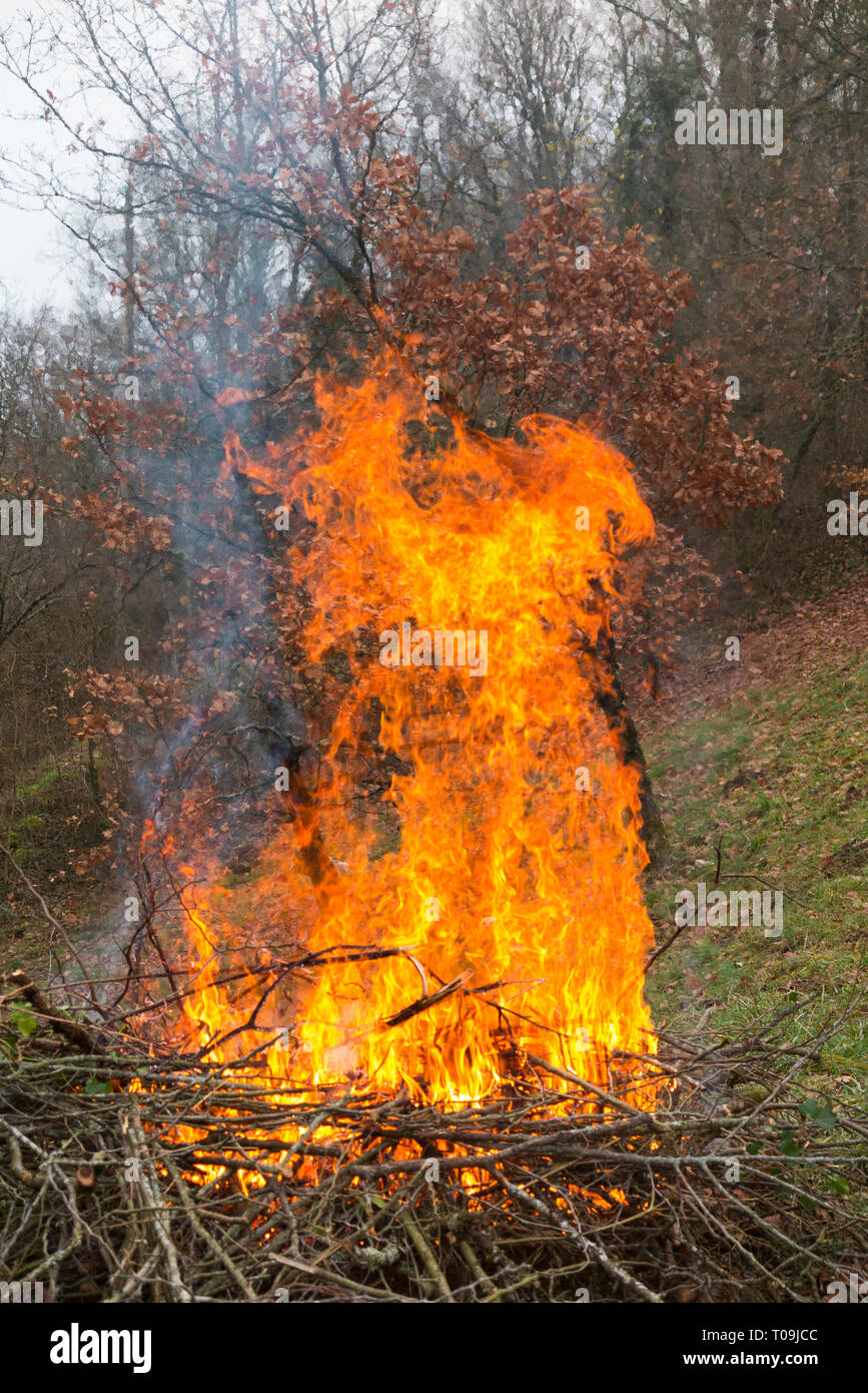 Garden fire with fierce flames with smoke fumes rising from a bonfire