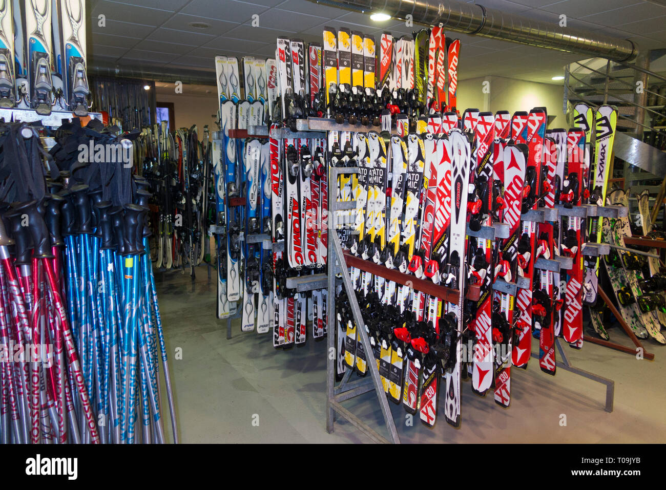 Ski equipment and accessories / skis for hiring / ski pole / poles for hire in the French Alpine resort of  France. (104) Stock Photo