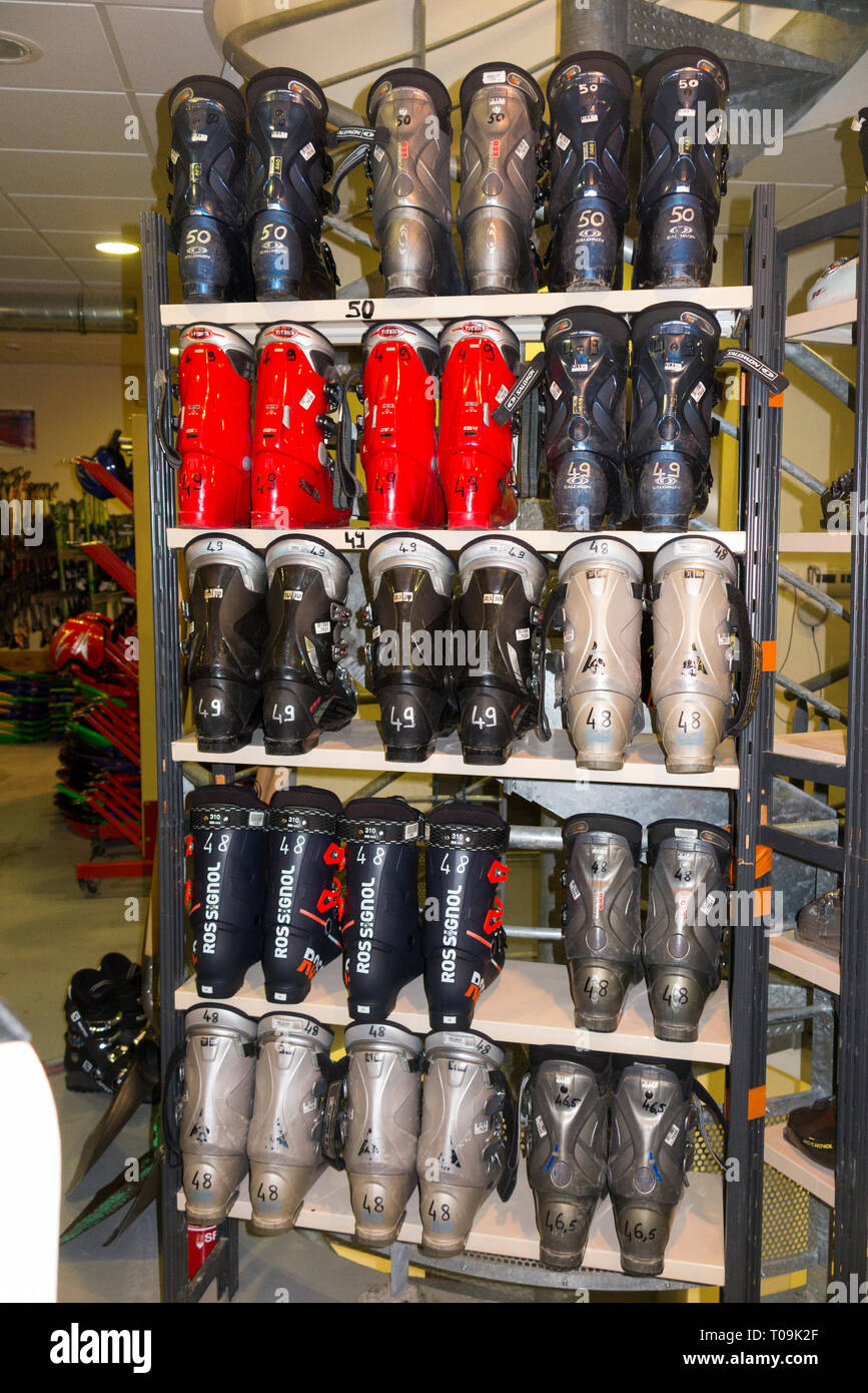 Ski boots / boot / foot wear equipment and accessories / skis for hiring / hire in the French Alpine resort of  France. (104) Stock Photo