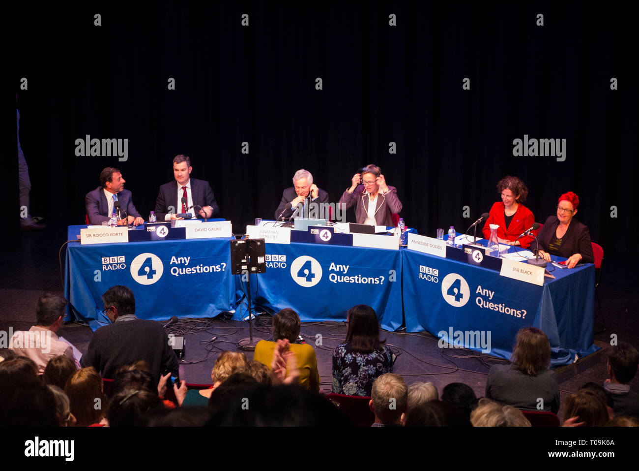 The stage is set for a BBC Radio 4 recording of the program Any Questions  with four members of the panel and an audience audience, hosted by Jonathan  Dimbleby. UK (104 Stock
