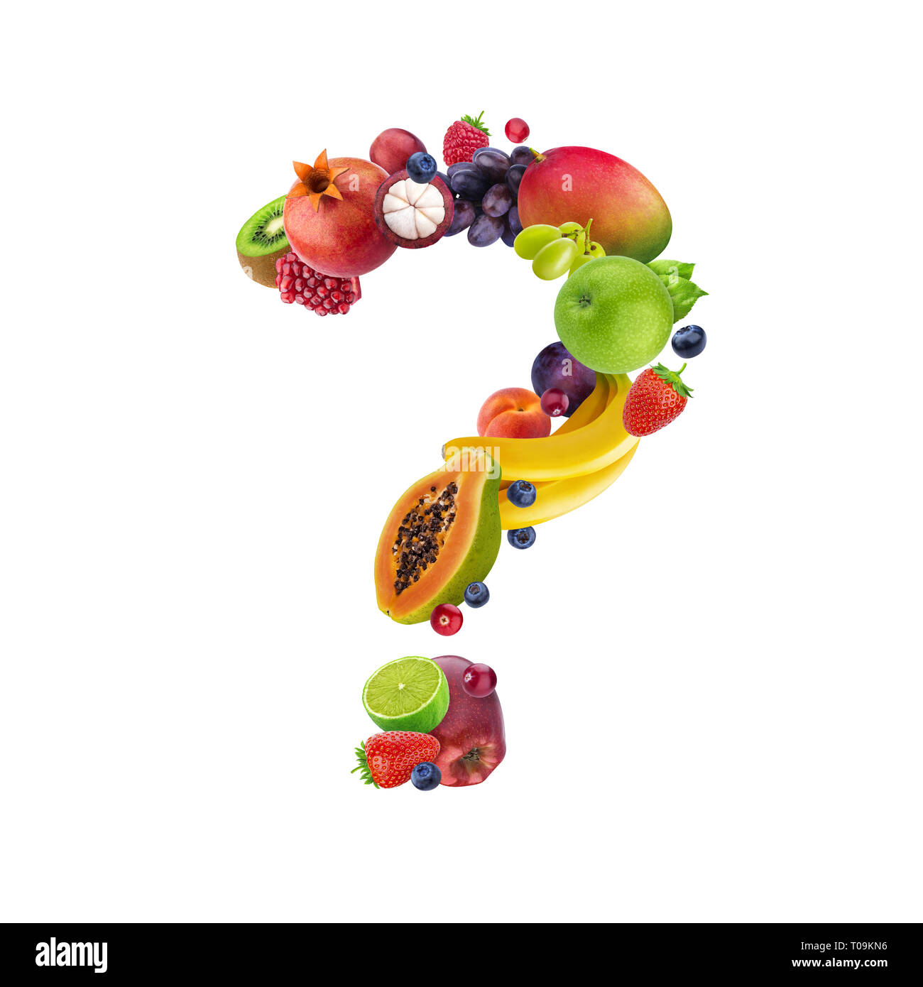 Question mark made of different fruits and berries, fruit alphabet