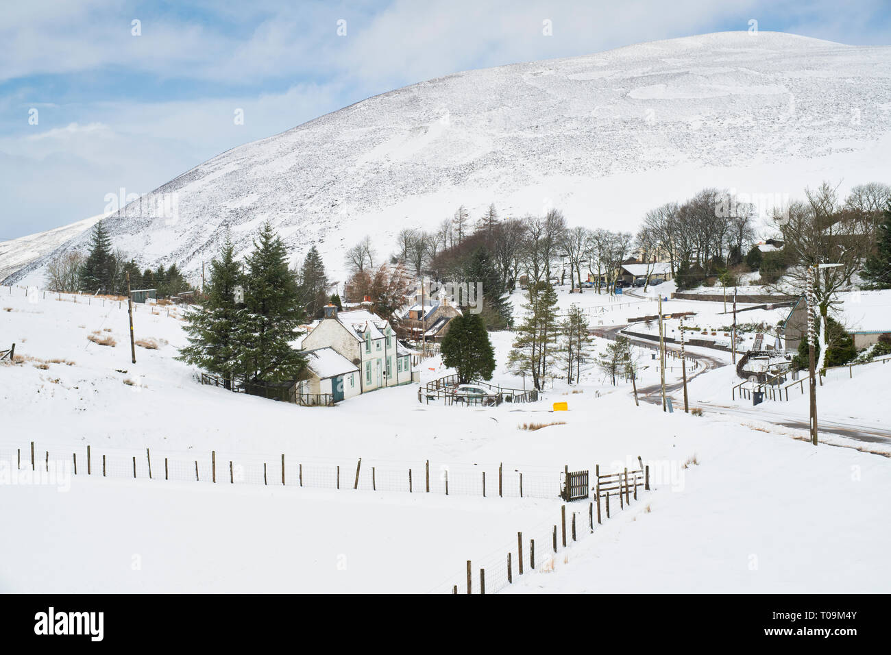 Wanlockhead village in the early morning snow. Scotlands highest village. Dumfries and Galloway, Scottish borders, Scotland Stock Photo