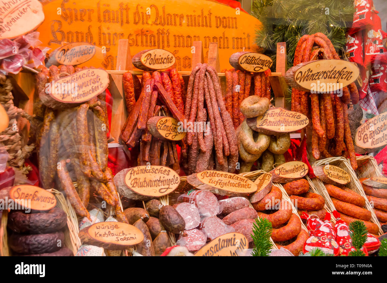 German sausages, meats and bread in Christmas window display Rothenburg  Germany Stock Photo