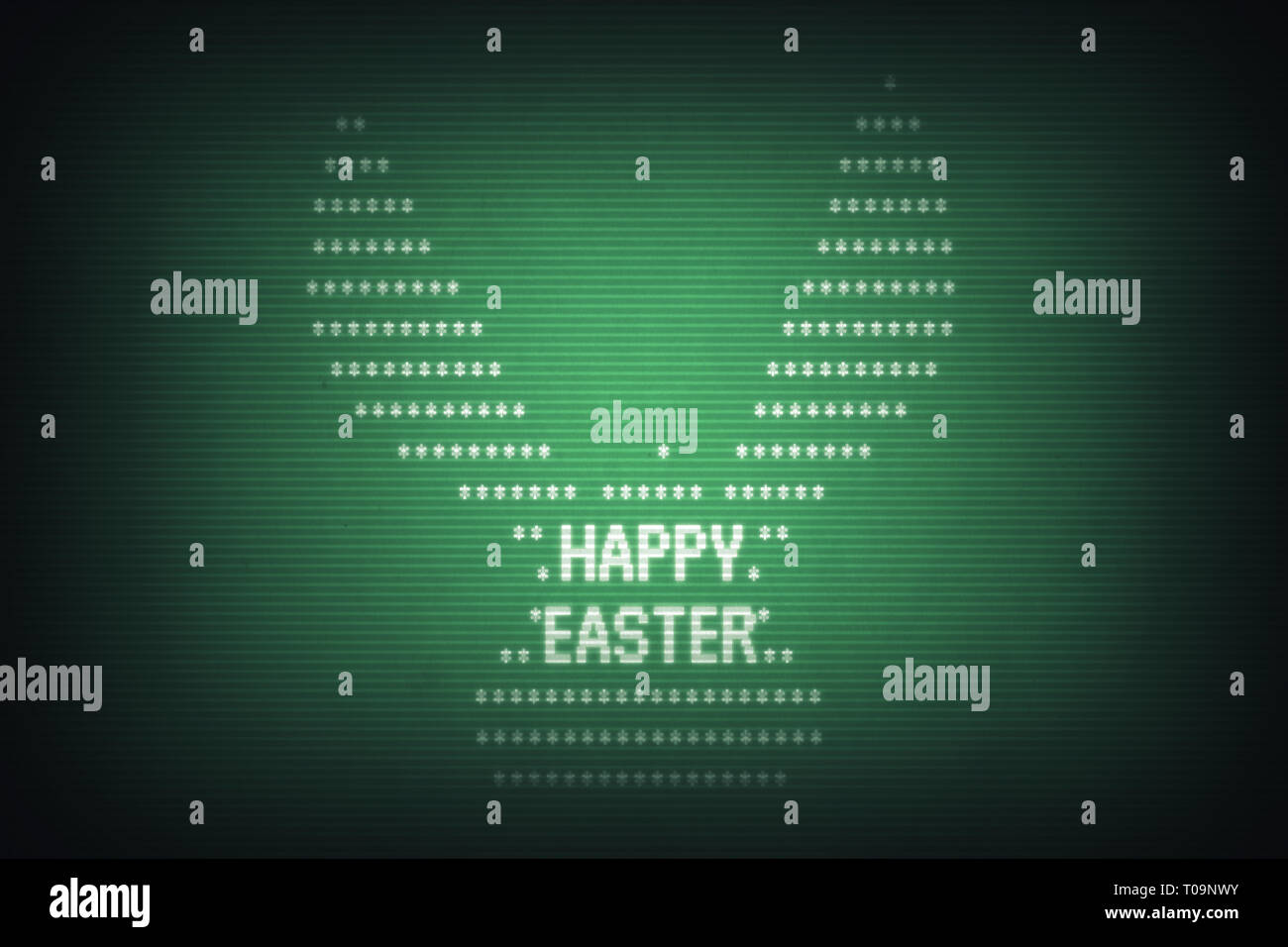 Happy easter message with rabbit head on old green computer screen Stock Photo