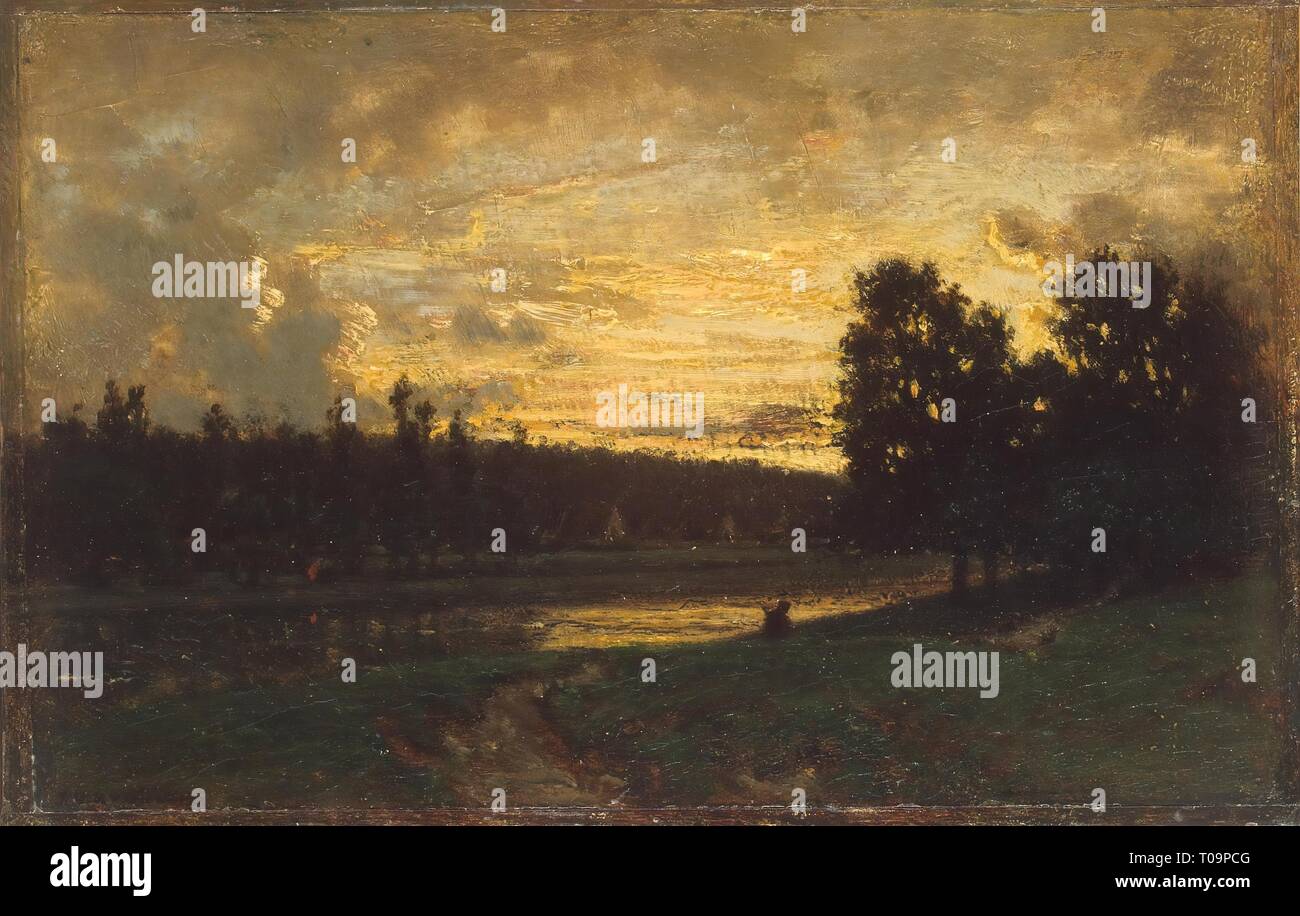 'Landscape with a Sunset'. France, Mid-19th century. Dimensions: 15,5x25 cm. Museum: State Hermitage, St. Petersburg. Author: THEODORE ROUSSEAU. Stock Photo