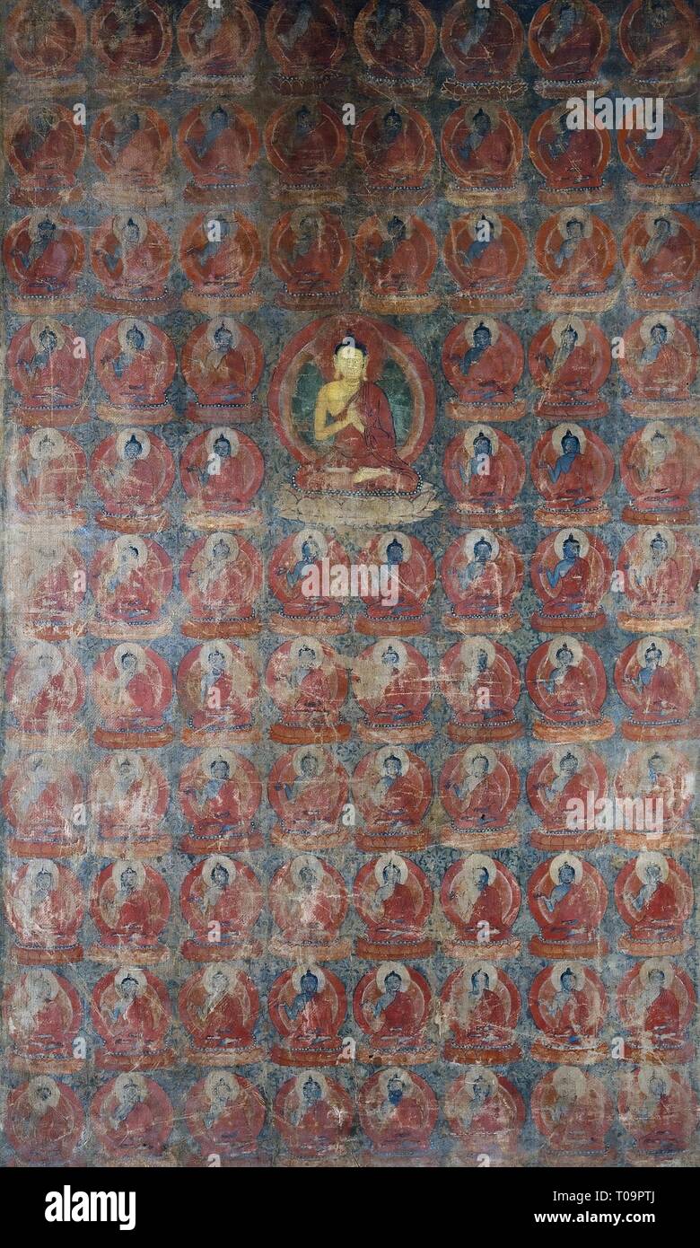 'Buddha and 84 Buddhas'. China, Tangut State of Xi -Xia, Khara-Khoto, 13th - 14th century. Dimensions: 100x60 cm. Museum: State Hermitage, St. Petersburg. Stock Photo