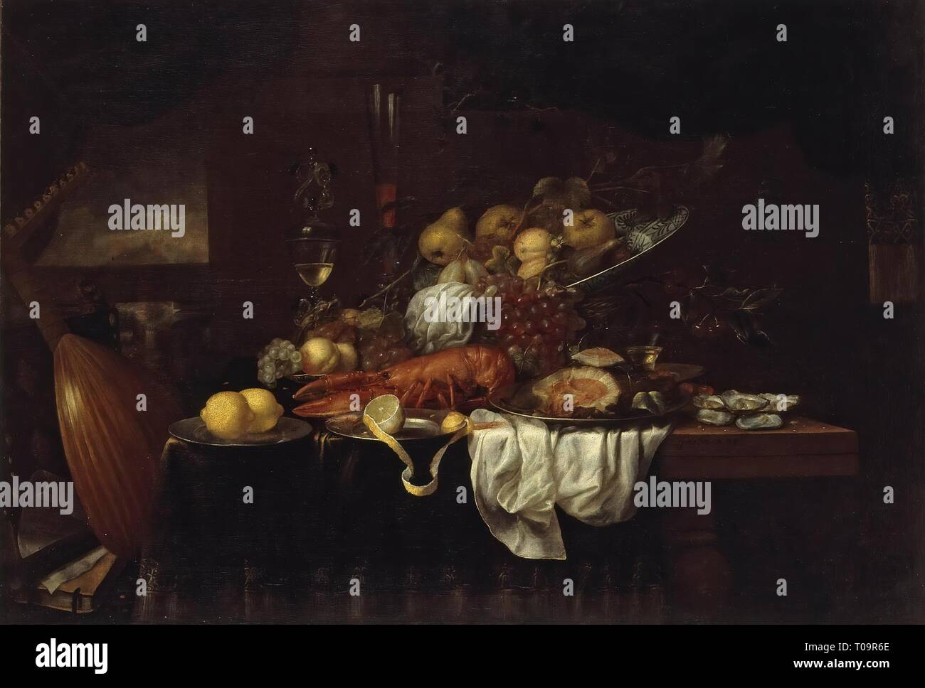 'Lobster, Oysters and Fruit on the Table'. Flanders, 1650s. Dimensions: 118x170 cm. Museum: State Hermitage, St. Petersburg. Author: JORIS VAN SON. Stock Photo