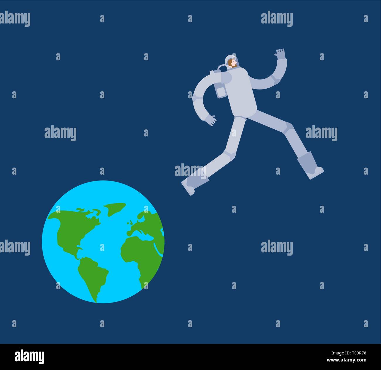 Astronaut run away Earth. Spaceman escapes from planet. cosmonaut run off land Stock Vector
