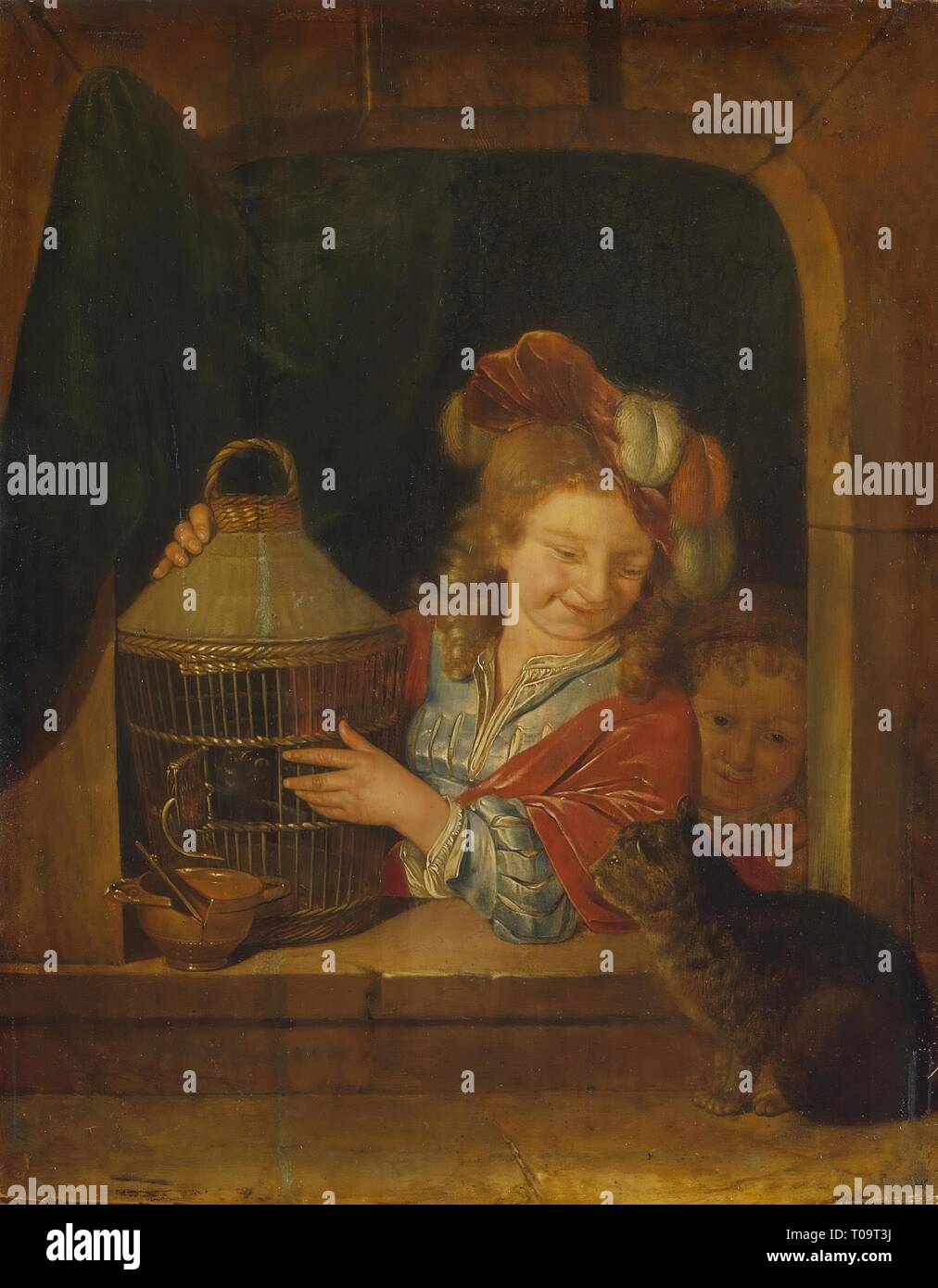 'Children with a Cage and a Cat'. Holland, 1680s. Dimensions 23,5x18,5