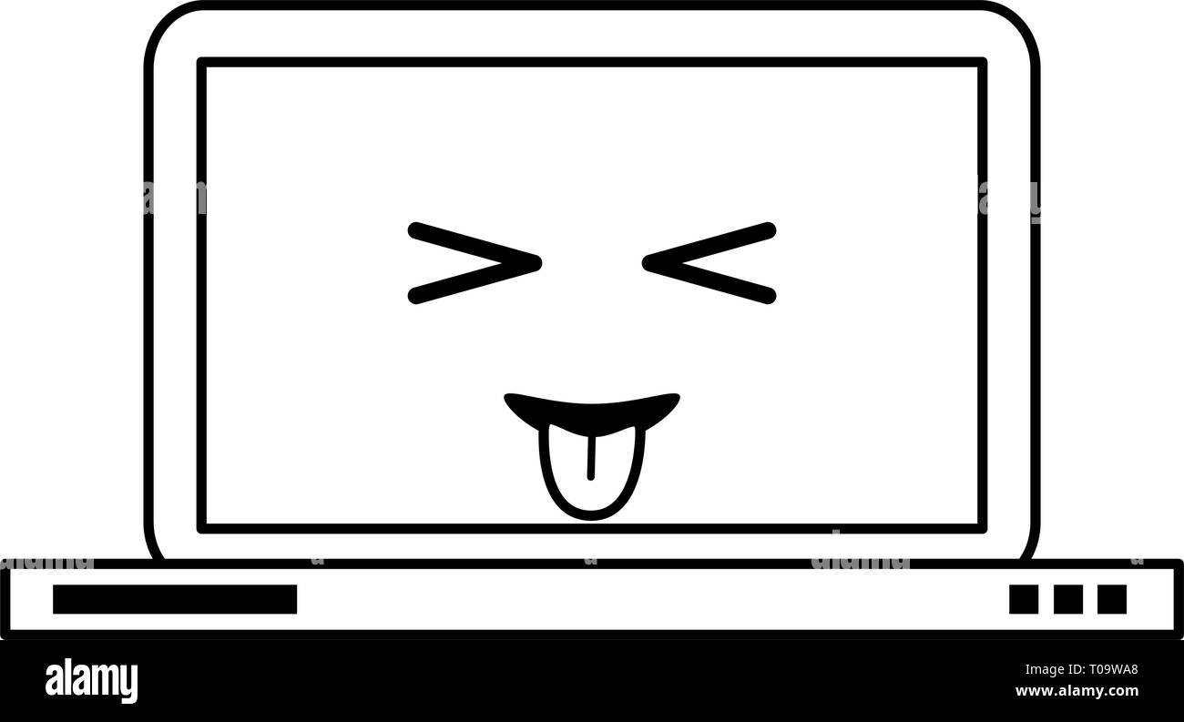 Laptop computer with tongue out kawaii cartoon in black and white Stock ...