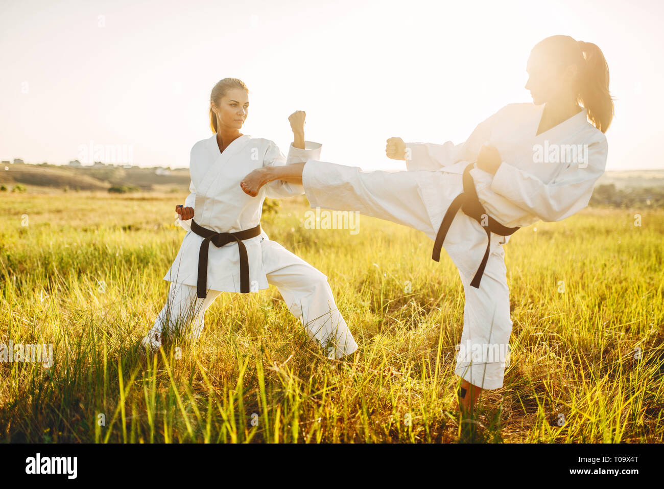 Two female karate in kimono training combat skill in summer field