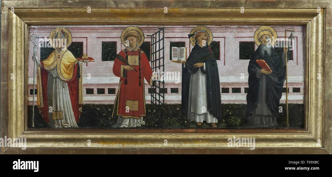 'Nicholas, St Lawrence, St Peter Martyr, St Antony the Abbot'. Italy, 1450-1455. Dimensions: 23x62 cm. Museum: State Hermitage, St. Petersburg. Author: BARTOLOMEO CAPORALI. Stock Photo