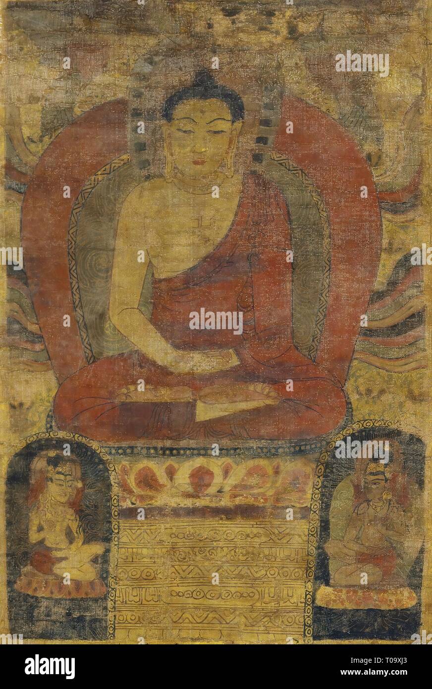 'Buddha Amitabha (?) and Two Bodhisattvas'. China, Tangut State of Xi -Xia, Khara-Khoto, 13th - 14th century. Dimensions: 46x33 cm. Museum: State Hermitage, St. Petersburg. Stock Photo